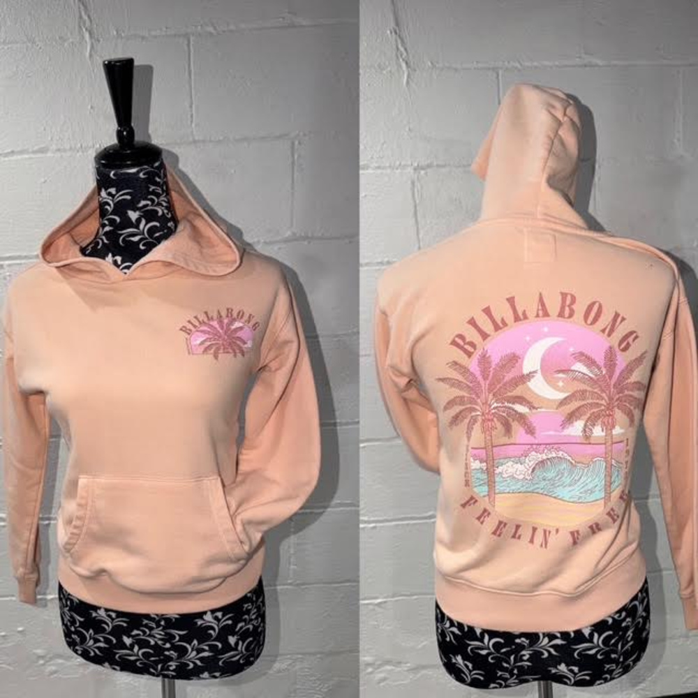 Billabong Feelin' Free Peach Graphic Pullover Hoodie - Palm Trees & Waves / Medi